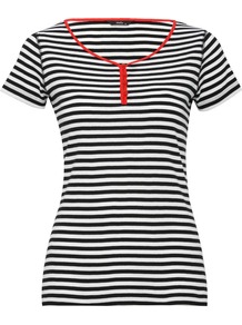 Women's Striped T Shirt - neckline: v-neck; pattern: horizontal stripes; style: t-shirt; predominant colour: black; occasions: casual; length: standard; fibres: cotton - 100%; fit: body skimming; sleeve length: short sleeve; sleeve style: standard; pattern type: fabric; pattern size: standard; texture group: jersey - stretchy/drapey