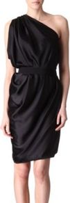 Belted Dress - neckline: v-neck; fit: fitted at waist; pattern: plain; sleeve style: sleeveless; style: asymmetric (top); waist detail: fitted waist, embellishment at waist/feature waistband; bust detail: ruching/gathering/draping/layers/pintuck pleats at bust; predominant colour: black; occasions: evening, occasion; length: just above the knee; fibres: silk - 100%; hip detail: soft pleats at hip/draping at hip/flared at hip; shoulder detail: asymmetric shoulder detail/one shoulder, flat/draping pleats/ruching/gathering at shoulder; sleeve length: sleeveless; texture group: structured shiny - satin/tafetta/silk etc.; pattern type: fabric