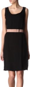 Belted Dress - style: shift; neckline: round neck; fit: fitted at waist; pattern: plain; sleeve style: sleeveless; waist detail: fitted waist, wide waistband/cummerbund, belted waist/tie at waist/drawstring, narrow waistband; predominant colour: black; occasions: casual, evening, work, occasion; length: just above the knee; fibres: silk - mix; sleeve length: sleeveless; texture group: sheer fabrics/chiffon/organza etc.; trends: glamorous day shifts; pattern type: fabric; pattern size: standard