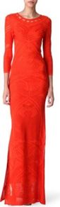Crochet Knit Maxi Dress - neckline: round neck; pattern: plain; style: maxi dress; predominant colour: bright orange; occasions: evening, occasion; length: floor length; fit: body skimming; back detail: keyhole/peephole detail at back; sleeve length: 3/4 length; sleeve style: standard; texture group: knits/crochet; pattern type: knitted - other; fibres: viscose/rayon - mix