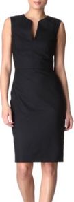 Classic Shift Dress - style: shift; neckline: v-neck; fit: tailored/fitted; pattern: plain; sleeve style: sleeveless; waist detail: fitted waist; predominant colour: black; occasions: casual, evening, work, occasion; length: just above the knee; fibres: wool - mix; sleeve length: sleeveless; trends: glamorous day shifts; pattern type: fabric; pattern size: standard; texture group: other - light to midweight
