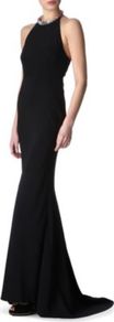 Embellished Halterneck Gown - style: ballgown; pattern: plain; sleeve style: sleeveless; bust detail: added detail/embellishment at bust; neckline: halter neck; back detail: low cut/open back; predominant colour: black; occasions: evening, occasion; length: floor length; fit: body skimming; sleeve length: sleeveless; texture group: silky - light; pattern type: fabric; embellishment: beading; fibres: viscose/rayon - mix