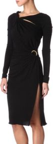 Cut Out Dress - style: shift; neckline: low v-neck; pattern: plain; waist detail: fitted waist, embellishment at waist/feature waistband, twist front waist detail/nipped in at waist on one side/soft pleats/draping/ruching/gathering waist detail; hip detail: fitted at hip, slits at hip; bust detail: ruching/gathering/draping/layers/pintuck pleats at bust, knot twist front detail at bust; predominant colour: black; occasions: evening, occasion; length: on the knee; fit: body skimming; fibres: polyester/polyamide - 100%; sleeve length: long sleeve; sleeve style: standard; pattern type: fabric; texture group: jersey - stretchy/drapey