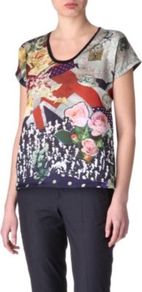 Union Jack Printed T Shirt - sleeve style: capped; style: t-shirt; occasions: casual; length: standard; neckline: scoop; fibres: cotton - stretch; fit: body skimming; predominant colour: multicoloured; sleeve length: short sleeve; pattern type: fabric; pattern size: big & busy; pattern: patterned/print; texture group: jersey - stretchy/drapey