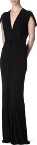 Tie Waist Gown - neckline: low v-neck; sleeve style: capped; pattern: plain; style: maxi dress; back detail: low cut/open back; predominant colour: black; occasions: evening, occasion; length: floor length; fit: body skimming; fibres: polyester/polyamide - 100%; sleeve length: short sleeve; pattern type: fabric; texture group: jersey - stretchy/drapey