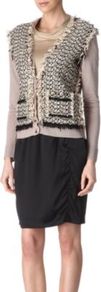 Tweed Cardigan - neckline: low v-neck; predominant colour: stone; occasions: casual, work; length: standard; style: standard; fibres: linen - 100%; fit: standard fit; sleeve length: long sleeve; sleeve style: standard; texture group: knits/crochet; pattern type: fabric; pattern size: standard; embellishment: fringing
