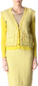 Tweed Cardigan - neckline: low v-neck; predominant colour: yellow; occasions: casual, work; length: standard; style: standard; fibres: linen - 100%; fit: slim fit; sleeve length: long sleeve; sleeve style: standard; pattern type: fabric; pattern size: standard; texture group: tweed - bulky/heavy; embellishment: fringing