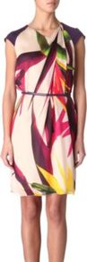 Harry Silk Dress - style: shift; neckline: round neck; sleeve style: capped; fit: tailored/fitted; waist detail: belted waist/tie at waist/drawstring; secondary colour: burgundy; occasions: evening, occasion; length: just above the knee; fibres: silk - 100%; predominant colour: multicoloured; sleeve length: short sleeve; texture group: silky - light; trends: statement prints, glamorous day shifts; pattern type: fabric; pattern size: big & light; pattern: patterned/print