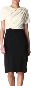 Laziale Crepe Dress - style: shift; fit: tailored/fitted; pattern: plain; predominant colour: ivory; secondary colour: black; occasions: evening, work, occasion; length: just above the knee; fibres: viscose/rayon - stretch; neckline: crew; shoulder detail: flat/draping pleats/ruching/gathering at shoulder; sleeve length: short sleeve; sleeve style: standard; texture group: crepes; trends: glamorous day shifts; pattern type: fabric