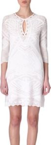 Crochet Dress - style: shift; length: mid thigh; pattern: plain, patterned/print; waist detail: fitted waist; predominant colour: white; occasions: casual, evening, occasion, holiday; fit: body skimming; neckline: peep hole neckline; fibres: cotton - mix; sleeve length: 3/4 length; sleeve style: standard; texture group: knits/crochet; pattern type: knitted - other