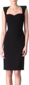 Padded Shoulders Dress - style: shift; sleeve style: capped; fit: tight; pattern: plain; shoulder detail: shoulder pads; waist detail: fitted waist; neckline: sweetheart; predominant colour: black; occasions: evening, work, occasion; length: just above the knee; fibres: polyester/polyamide - 100%; sleeve length: sleeveless; texture group: crepes; pattern type: fabric
