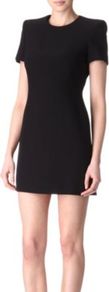 Padded Shoulders Dress - style: shift; length: mid thigh; fit: tailored/fitted; pattern: plain; shoulder detail: shoulder pads; predominant colour: black; occasions: evening, work, occasion; fibres: viscose/rayon - 100%; neckline: crew; sleeve length: short sleeve; sleeve style: standard; trends: glamorous day shifts; pattern type: fabric; texture group: woven light midweight