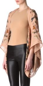 Flower And Dragonfly Cape - length: below the bottom; collar: shawl/waterfall; fit: loose; style: cape; predominant colour: camel; occasions: casual, evening, work, occasion; fibres: silk - 100%; sleeve style: cape sleeve; sleeve length: long sleeve; texture group: silky - light; trends: statement prints; collar break: low/open; pattern type: fabric; pattern size: standard; pattern: florals, patterned/print