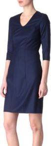Dilonie Dress - style: shift; neckline: v-neck; fit: tailored/fitted; pattern: plain; predominant colour: navy; occasions: casual, evening, work; length: just above the knee; fibres: wool - 100%; sleeve length: 3/4 length; sleeve style: standard; trends: glamorous day shifts; pattern type: fabric; texture group: woven light midweight