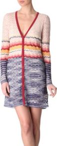 Long Crochet Knit Cardigan - neckline: low v-neck; pattern: horizontal stripes, patterned/print; occasions: casual, work; style: standard; fibres: cotton - mix; fit: standard fit; length: mid thigh; predominant colour: multicoloured; sleeve length: long sleeve; sleeve style: standard; texture group: knits/crochet; pattern type: knitted - other; pattern size: standard