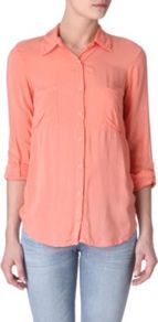 Voile Blouse - neckline: shirt collar/peter pan/zip with opening; pattern: plain; style: shirt; bust detail: pocket detail at bust, buttons at bust (in middle at breastbone)/zip detail at bust; predominant colour: coral; occasions: casual, holiday; length: standard; fibres: polyester/polyamide - 100%; fit: loose; sleeve length: short sleeve; sleeve style: standard; texture group: crepes; pattern type: fabric