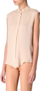 Silk Shirt - neckline: shirt collar/peter pan/zip with opening; pattern: plain; sleeve style: sleeveless; length: below the bottom; style: shirt; bust detail: ruching/gathering/draping/layers/pintuck pleats at bust, buttons at bust (in middle at breastbone)/zip detail at bust; predominant colour: nude; occasions: casual, evening, work; fibres: silk - 100%; fit: loose; hip detail: dip hem; shoulder detail: discreet epaulette; back detail: longer hem at back than at front; sleeve length: sleeveless; texture group: silky - light; pattern type: fabric