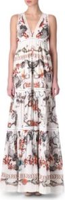 Tiered Dress - neckline: low v-neck; fit: empire; sleeve style: sleeveless; style: maxi dress; length: ankle length; back detail: racer back/sports back; predominant colour: white; occasions: casual, holiday; fibres: cotton - 100%; hip detail: soft pleats at hip/draping at hip/flared at hip; sleeve length: sleeveless; texture group: cotton feel fabrics; trends: statement prints; pattern type: fabric; pattern size: big & busy; pattern: patterned/print