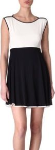 Nix Nights Dress - length: mid thigh; neckline: slash/boat neckline; sleeve style: sleeveless; predominant colour: ivory; secondary colour: navy; occasions: casual, evening, work; fit: fitted at waist & bust; style: fit & flare; fibres: viscose/rayon - stretch; sleeve length: sleeveless; trends: volume; pattern type: fabric; pattern size: standard; pattern: colourblock; texture group: jersey - stretchy/drapey