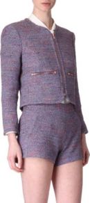 Rainbow Tweed Jacket - collar: round collar/collarless; style: boxy; pattern: herringbone/tweed; predominant colour: lilac; occasions: casual, evening, work, occasion; length: standard; fit: straight cut (boxy); fibres: polyester/polyamide - mix; sleeve length: long sleeve; sleeve style: standard; collar break: high; pattern type: fabric; pattern size: standard; texture group: tweed - light/midweight