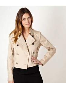 Natural Cropped Trench Jacket - pattern: plain; length: standard; style: double breasted; collar: standard lapel/rever collar; predominant colour: stone; occasions: casual; fit: straight cut (boxy); fibres: cotton - mix; sleeve length: long sleeve; sleeve style: standard; collar break: high/illusion of break when open; pattern type: fabric; texture group: other - light to midweight