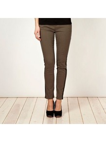 Khaki Faux Leather Trimmed Slim Leg Jeans - length: standard; pattern: plain; pocket detail: traditional 5 pocket; style: slim leg; waist: mid/regular rise; predominant colour: khaki; secondary colour: black; occasions: casual, evening, work; fibres: cotton - stretch; texture group: denim; pattern type: fabric; embellishment: applique