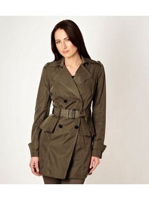 Khaki Peplum Ruffled Mac - pattern: plain; style: mac; fit: slim fit; collar: standard lapel/rever collar; length: mid thigh; predominant colour: khaki; occasions: casual, work; fibres: polyester/polyamide - 100%; waist detail: belted waist/tie at waist/drawstring; sleeve length: long sleeve; sleeve style: standard; collar break: medium; pattern type: fabric; texture group: woven light midweight
