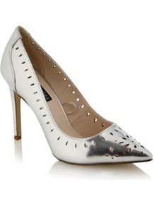 Silver Pointed Toe High Heeled Court Shoe With Cutout Detail - predominant colour: silver; occasions: evening; heel height: high; heel: stiletto; toe: pointed toe; style: courts; finish: metallic