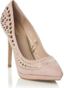 Beige Suedette High Heel Studded Court Shoes - predominant colour: nude; occasions: evening; material: suede; embellishment: studs; heel: platform; toe: pointed toe; style: courts; finish: plain; pattern: plain; heel height: very high