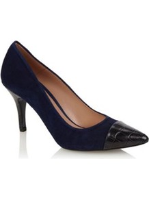 Navy Blue Suede High Heeled Court Shoes With Capped Pointed Toe - predominant colour: navy; secondary colour: black; occasions: evening, work; material: suede; heel height: high; heel: stiletto; toe: pointed toe; style: courts; finish: plain; pattern: plain; embellishment: toe cap