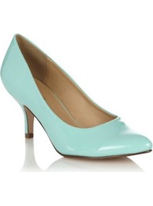 Light Green Patent Pointed Toe Mid Heel Roessing Court Shoes - predominant colour: turquoise; occasions: evening, work, occasion; material: faux leather; heel height: mid; heel: kitten; toe: round toe; style: courts; finish: patent; pattern: plain