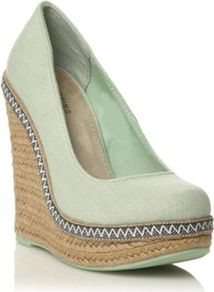 Light Green Canvas Round Toe Weslia High Heeled Wedge Sandals - predominant colour: pistachio; occasions: casual, evening, work, holiday; material: fabric; heel height: high; embellishment: embroidered; heel: wedge; toe: round toe; style: courts; trends: modern geometrics; finish: plain; pattern: patterned/print, plain