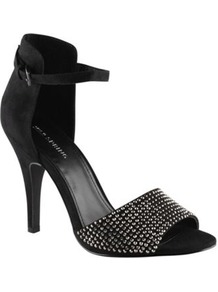 Black Jeanetta High Heeled Sandals With Diamantee Trim - predominant colour: black; occasions: evening, occasion, holiday; material: faux leather; heel height: high; embellishment: crystals; ankle detail: ankle strap; heel: stiletto; toe: open toe/peeptoe; style: standard; finish: plain; pattern: plain