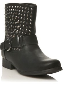 Black Studded Leatherette Dousa Ankle Boots - predominant colour: black; occasions: casual; material: faux leather; heel height: flat; embellishment: studs; heel: block; toe: round toe; boot length: ankle boot; style: biker boot; finish: plain; pattern: plain