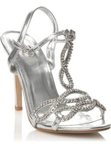 Silver Metallic Diamante High Heeled Sandals - predominant colour: silver; occasions: evening, occasion, holiday; material: faux leather; heel height: high; embellishment: crystals; heel: stiletto; toe: open toe/peeptoe; style: strappy; finish: metallic; pattern: plain