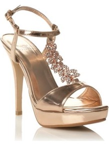 Rose High Heel Diamante Leaf Trimmed Court Shoes - predominant colour: gold; occasions: evening; material: faux leather; embellishment: crystals; ankle detail: ankle strap; heel: platform; toe: open toe/peeptoe; style: standard; finish: metallic; pattern: plain; heel height: very high