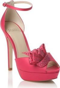 Pink Satin Peep Toe High Heeled Sandal - predominant colour: hot pink; occasions: occasion; material: satin; embellishment: crystals; ankle detail: ankle strap; heel: platform; toe: open toe/peeptoe; style: strappy; finish: plain; pattern: plain; heel height: very high