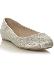 Ivory Satin Stone Studded Pumps - predominant colour: ivory; occasions: casual, evening, work, occasion; material: satin; heel height: flat; embellishment: crystals; toe: round toe; style: ballerinas / pumps; trends: metallics; finish: plain; pattern: diamonds, plain