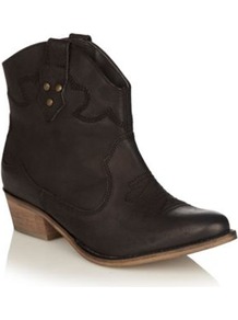 Black Leather Mid Heel Ankle Boots - predominant colour: black; occasions: casual; material: faux leather; heel height: mid; embellishment: embroidered, studs; heel: block; toe: pointed toe; boot length: ankle boot; style: biker boot; finish: plain; pattern: plain