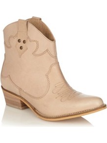 Beige Leather Mid Heel Ankle Boots - predominant colour: stone; occasions: casual; material: faux leather; heel height: mid; embellishment: embroidered, studs; heel: block; toe: pointed toe; boot length: ankle boot; style: cowboy; finish: plain; pattern: plain