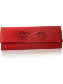 Designer Red Woven Bow Clutch Bag - predominant colour: true red; occasions: evening, occasion; type of pattern: standard; style: clutch; length: hand carry; size: small; material: satin; pattern: plain; finish: plain; embellishment: bow