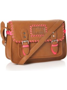 Designer Tan Whipstitch Satchel Bag - secondary colour: pink; predominant colour: tan; occasions: casual; style: satchel; length: across body/long; size: standard; material: faux leather; pattern: plain; finish: plain