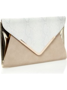 Natural Oversize Envelope Clutch Bag - secondary colour: ivory; predominant colour: stone; occasions: evening; style: clutch; length: hand carry; size: standard; material: faux leather; pattern: animal print; finish: plain