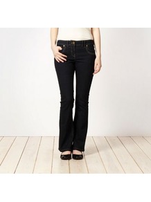Dark Blue Bootcut Jeans - style: bootcut; length: standard; pattern: plain; pocket detail: traditional 5 pocket; waist: mid/regular rise; predominant colour: navy; occasions: casual; fibres: cotton - stretch; jeans detail: dark wash; texture group: denim; pattern type: fabric