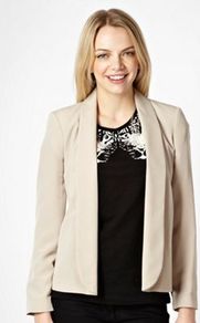 Cream Edge To Edge Crepe Jacket - pattern: plain; style: single breasted blazer; collar: shawl/waterfall; predominant colour: stone; occasions: casual, evening, work, occasion; length: standard; fit: tailored/fitted; fibres: polyester/polyamide - 100%; sleeve length: long sleeve; sleeve style: standard; texture group: crepes; collar break: low/open; pattern type: fabric; pattern size: standard