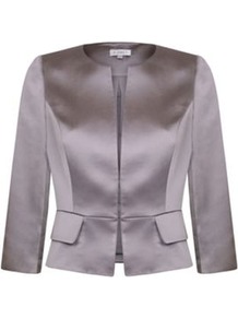 Satin Peplum Jacket - pattern: plain; style: single breasted blazer; collar: round collar/collarless; predominant colour: lilac; occasions: evening, occasion; length: standard; fit: tailored/fitted; fibres: polyester/polyamide - stretch; waist detail: peplum detail at waist; sleeve length: 3/4 length; sleeve style: standard; texture group: structured shiny - satin/tafetta/silk etc.; collar break: high; pattern type: fabric
