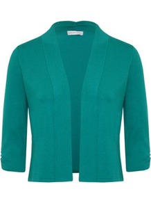 Petite Green Gather Detail Cardigan - pattern: plain; length: cropped; neckline: collarless open; predominant colour: emerald green; occasions: casual; style: standard; fibres: cotton - mix; fit: standard fit; sleeve length: 3/4 length; sleeve style: standard; texture group: knits/crochet; pattern type: knitted - fine stitch