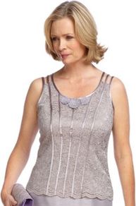 Pebble Rosette Camisole - neckline: round neck; pattern: plain, florals; sleeve style: sleeveless; bust detail: added detail/embellishment at bust, ruching/gathering/draping/layers/pintuck pleats at bust; style: camisole; back detail: low cut/open back; shoulder detail: contrast pattern/fabric at shoulder; predominant colour: lilac; occasions: evening, occasion; length: standard; fibres: polyester/polyamide - 100%; fit: body skimming; sleeve length: sleeveless; texture group: lace; trends: metallics; pattern type: fabric; pattern size: small & busy