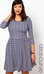 Curve Exclusive Skater Dress In Geo Print - length: mid thigh; neckline: round neck; secondary colour: white; predominant colour: navy; occasions: casual, evening, holiday; fit: fitted at waist & bust; style: fit & flare; fibres: viscose/rayon - stretch; hip detail: soft pleats at hip/draping at hip/flared at hip; sleeve length: long sleeve; sleeve style: standard; trends: modern geometrics; pattern type: fabric; pattern size: small & busy; pattern: patterned/print; texture group: jersey - stretchy/drapey