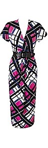 Petite Print Dress With Belt Length 38 Inches - style: faux wrap/wrap; length: below the knee; neckline: v-neck; waist detail: belted waist/tie at waist/drawstring; occasions: evening, work, occasion; fit: body skimming; fibres: polyester/polyamide - stretch; predominant colour: multicoloured; sleeve length: short sleeve; sleeve style: standard; trends: statement prints, modern geometrics; pattern type: fabric; pattern size: standard; pattern: patterned/print; texture group: jersey - stretchy/drapey